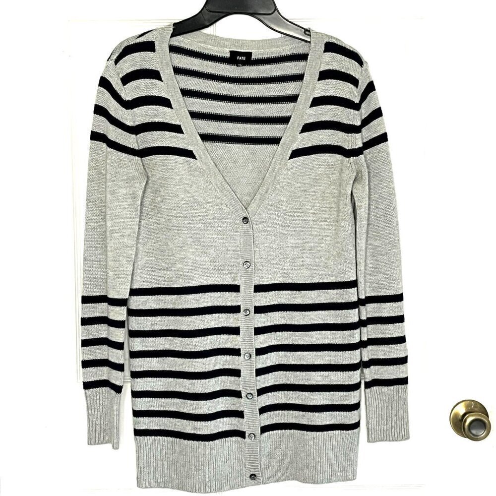 Womens Cardigan sz S Oversized Striped Gray Black Preppy Academia